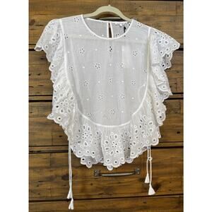 UNSUBSCRIBED Blouse Womens Medium Eyelet Ruffle Boho Embroidered Top Shirt